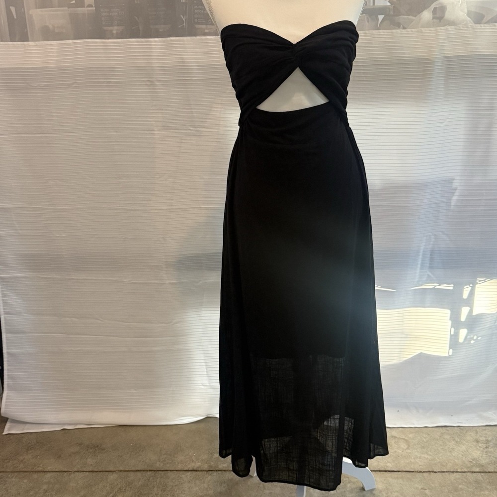 Lillusory Black Strapless Cutout Smocked Midi Dress Cotton Womens Size S